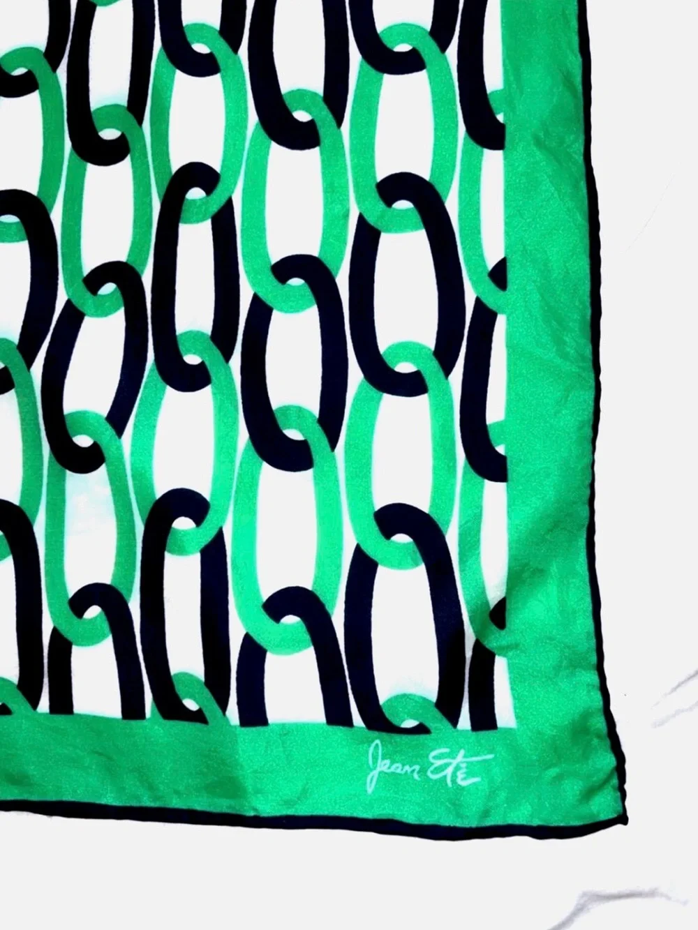 Vintage Jean Été Chain Print Square Scarf Green Navy Mod Preppy Silk Feel